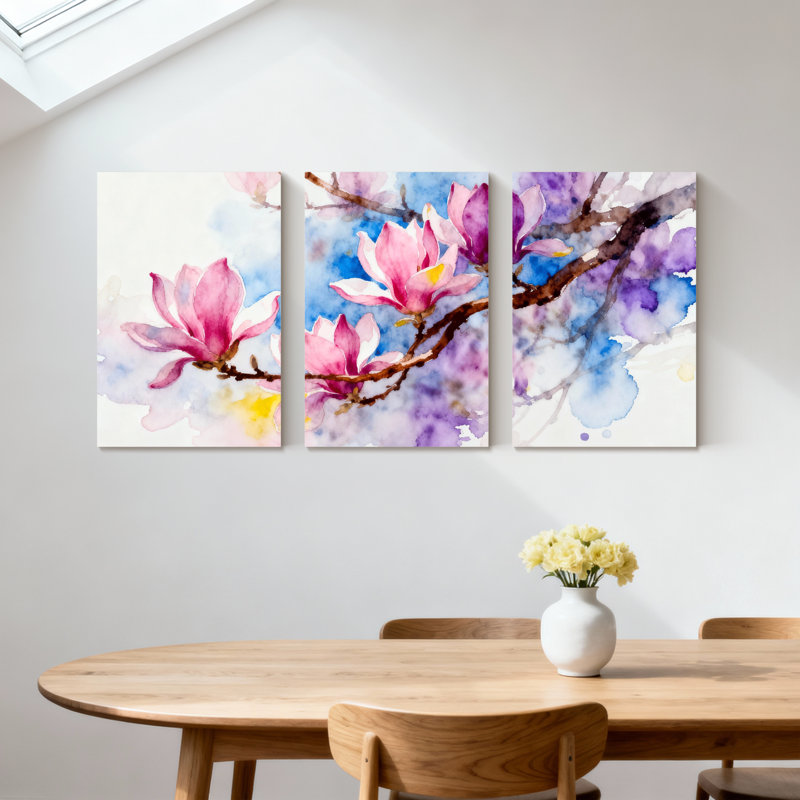 «Magnolia Watercolor Magnolia Blossoms On Branches», ensemble de 3 impressions sur toile, H 18 po x l 36 po