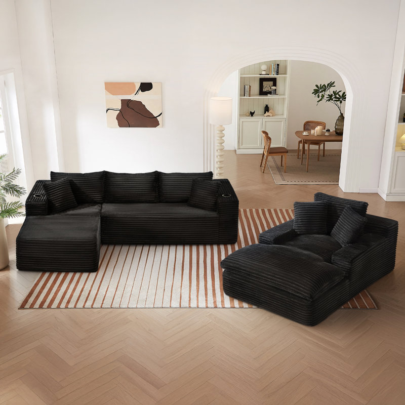 3-piece No-assembly Living Room Set, Plush Corduroy Modern Sectional Sofa With Loveseat And Chaise Lounge, Black