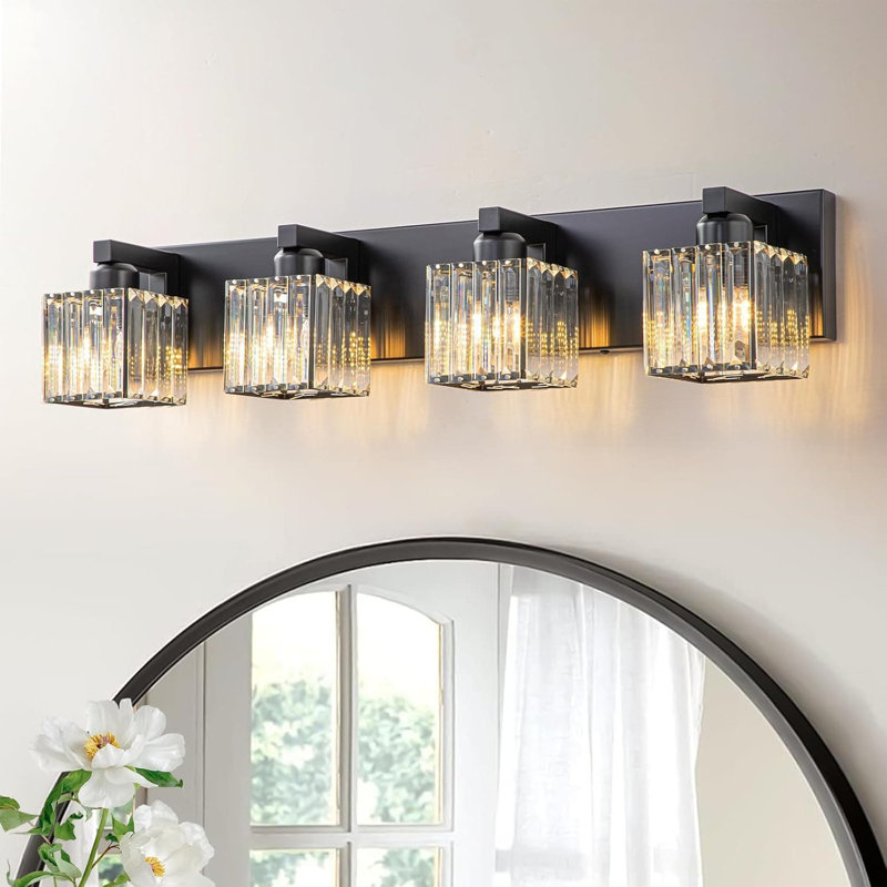 Luminaire de salle de bain Modern Crystal, Noir, H 6,3 po x l 27,6 po x P 6,3 po, Quatre lumières