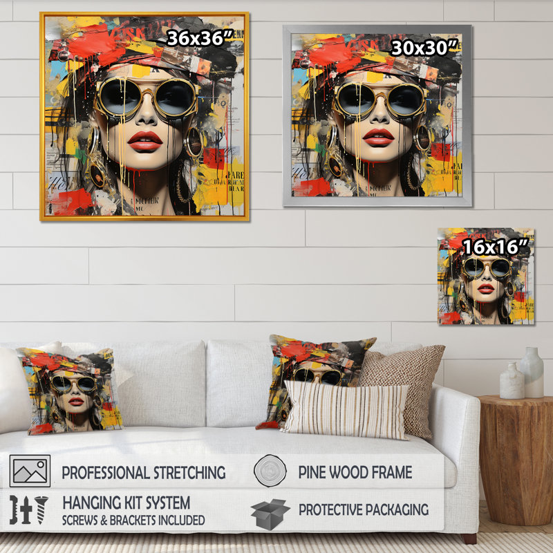 «Red Grunge Woman Collage V», art mural Pop, Cadre flottant doré, H 36 po x l 36 po x P 1,5 po