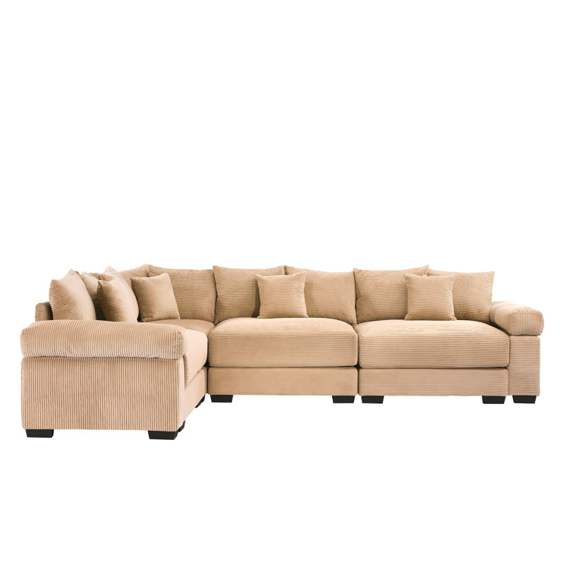 Felder L-Shaped Corduroy Sectional Sofa with Throw Pillows & Deep Seating, Camel Corduroy