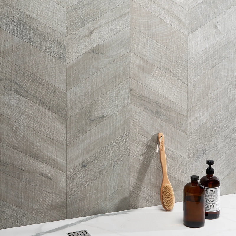 Kenridge Chevron 24x48 Matte Wood Look Porcelain Tile, Gray