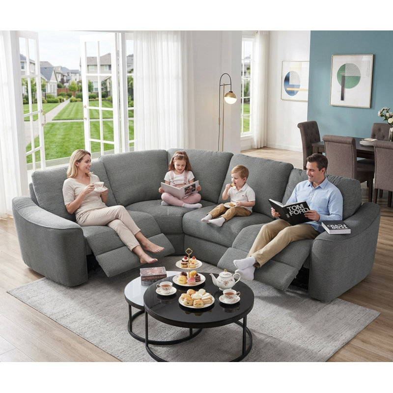 Grand canapé d'angle modulaire inclinable électrique avec ports USB, Gris foncé