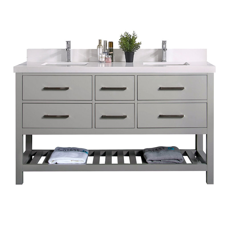 Ensemble de meuble-lavabo double 60 x 22 Santa Fe, Blanc, Gris, Nickel brossé