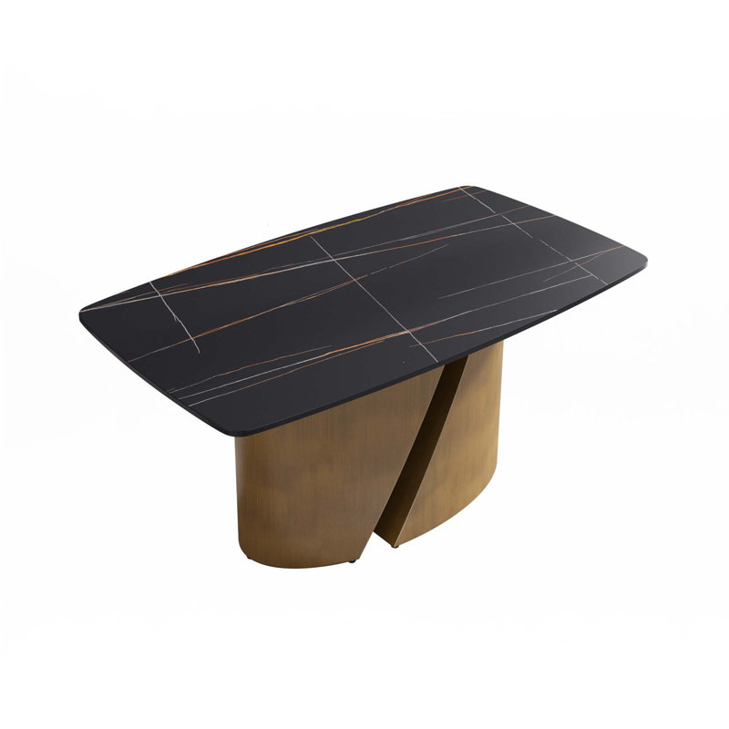 Table de salle à manger courbée en pierre artificielle (table seulement), Noir, H 29,53 po x L 63 po x l 35,43 po