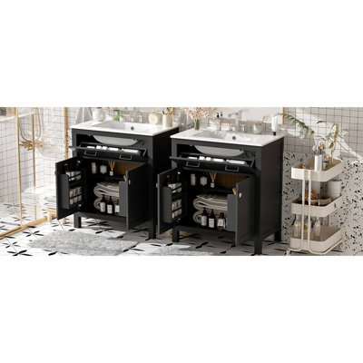 Meuble de salle de bain 60 po noir, lavabo double, tablette réglable, portes à fermeture en douceur, tiroir rabattable - meuble-lavabo chaud avec charnières en céramique à fermeture silencieuse, endroit tranquille