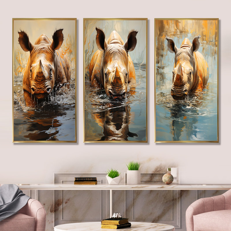 Rhinos Refreshing Dip In Water, Cadre flottant doré, H 32 po x l 48 po
