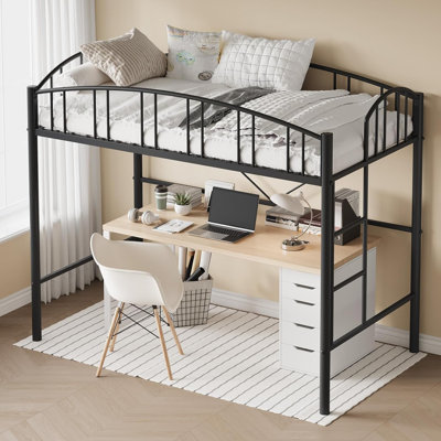 Loft Bed Twin Size with Ladder and High-Arched Guardrail, Sturdy Metal Slats, Space-Saving Design, Modern Decor Style, Easy Assembly