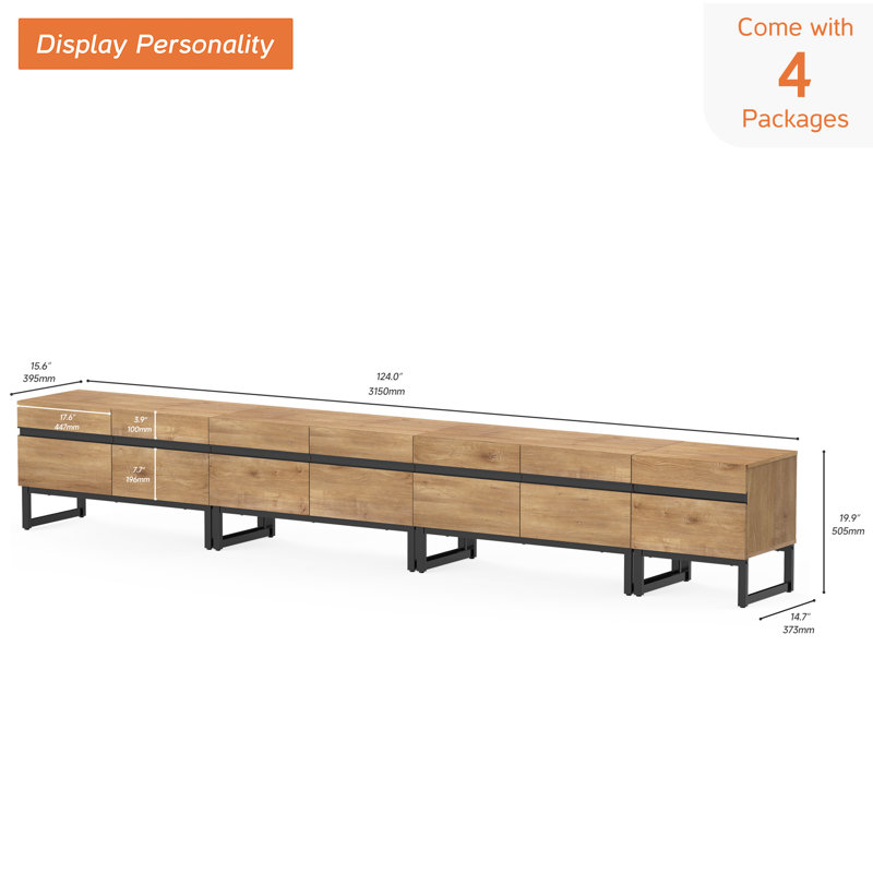 Nellie Modern TV Stand For Tvs Up To 110 Inches, 4-In-1 Entertainment Center With Storage Cabinets And Metal Base, Media Console For Living Room, 124"