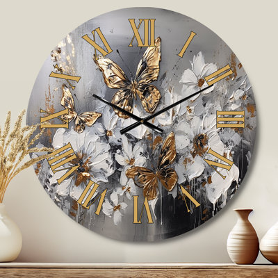 Horloge murale Golden Golden Butterfly Wings And Flowers I - Floral