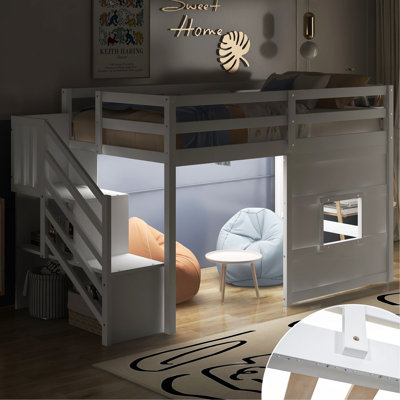 Lit mezzanine simple avec escalier de rangement et fenêtre avec lumière DEL