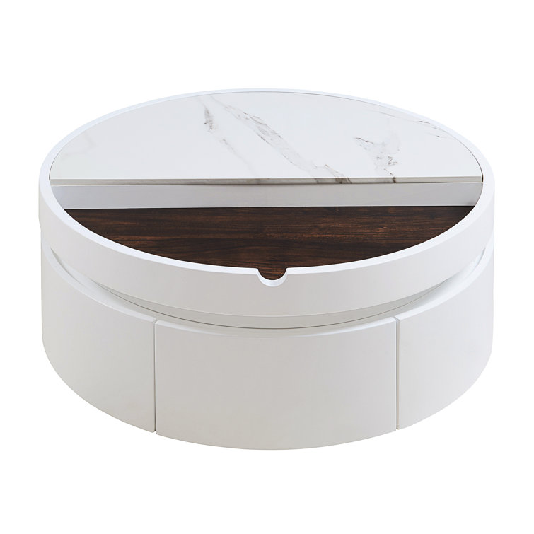 White Round Lift Coffee Table With 1 Drawer In 29.5" (Only Including Table)
