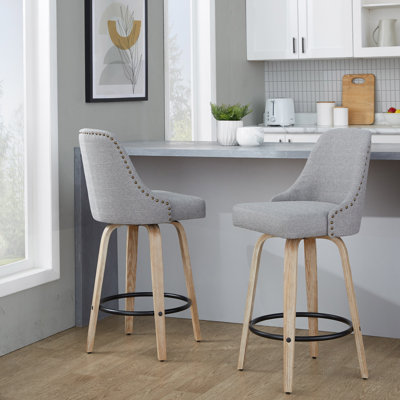 Studded Marcel 27" Fixed-Height Counter Stool With Bent Wood Legs & Round Footrest - Set Of  2