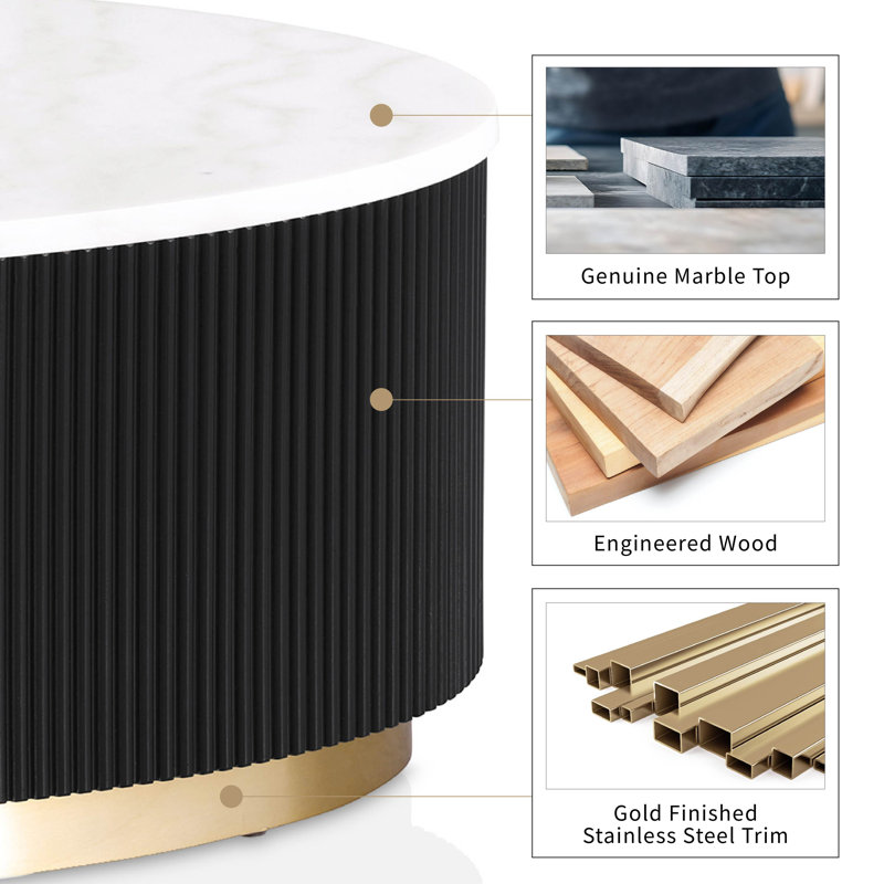 Kirtin Round Marble Cocktail Table With Gold Accent Base, Black