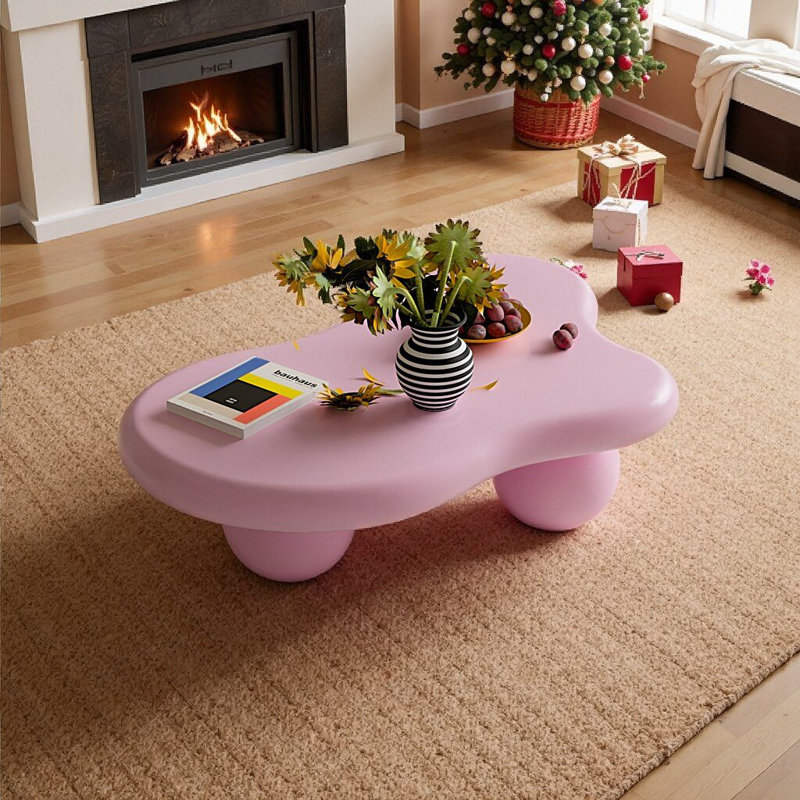SYROVA Cloud-Shaped Coffee Table with Sculptural Ball Legs, Modern Organic Free-Form Cocktail Table with Rounded Edges for Living Room