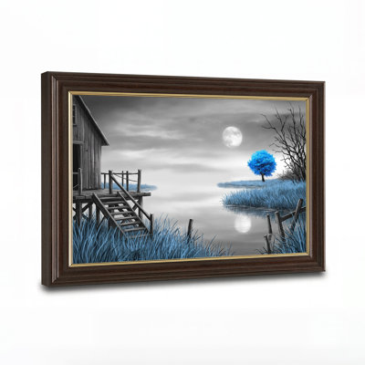 Art mural sur toile en niveaux de gris avec arbre bleu au bord du lac Moonlit