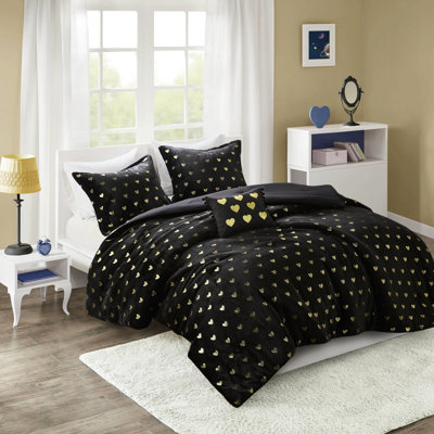 Édredon pour lit simple / simple TG en forme de cœur métallique avec 1 taie décorative standard et coussin décoratif, noir, rembourrage, - 2 taies décoratives