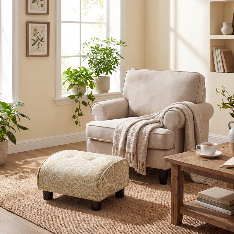 Upholstered Linen Footstool, Gold Paisley