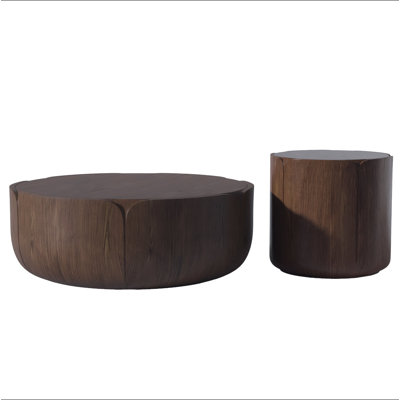 Ensemble de tables basses rondes pour l'intérieur et l'extérieur, ensemble de tables centrales à tambour en grain de bois moderne, imperméable et robuste (sans oxyde de magnésium) pour table de patio, jardin, cour et salon (ensemble de 2)