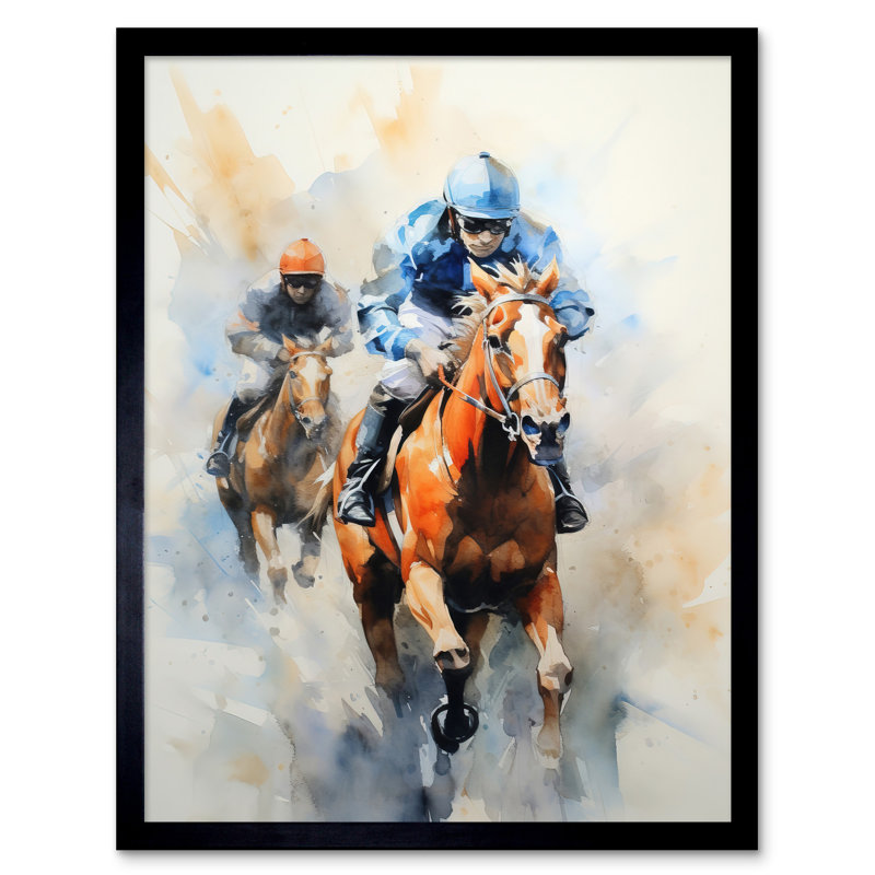 Horseracing Jockeys Racing Horses Action Watercolour - Single Picture Frame Print