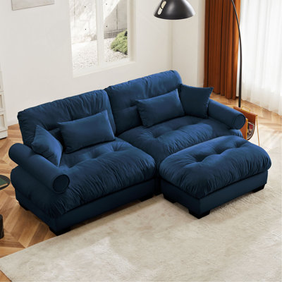 Over Size Modern Two-Seater Sofa With Ottoman, Velvet 2-Seater With Round Bolster Armrests,With Waist Pillow And Throw Pillows,Small L Shape Sofa For Living Room, Reading Room