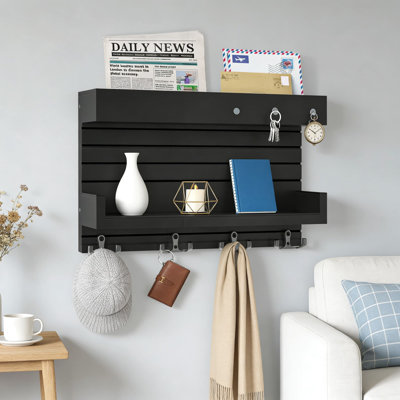 Wooden Wall Key Holder With 8 Hooks & Double Shelf, Mail Organizer & Magnetic Key Rack, Entryway Decor For Home & Office