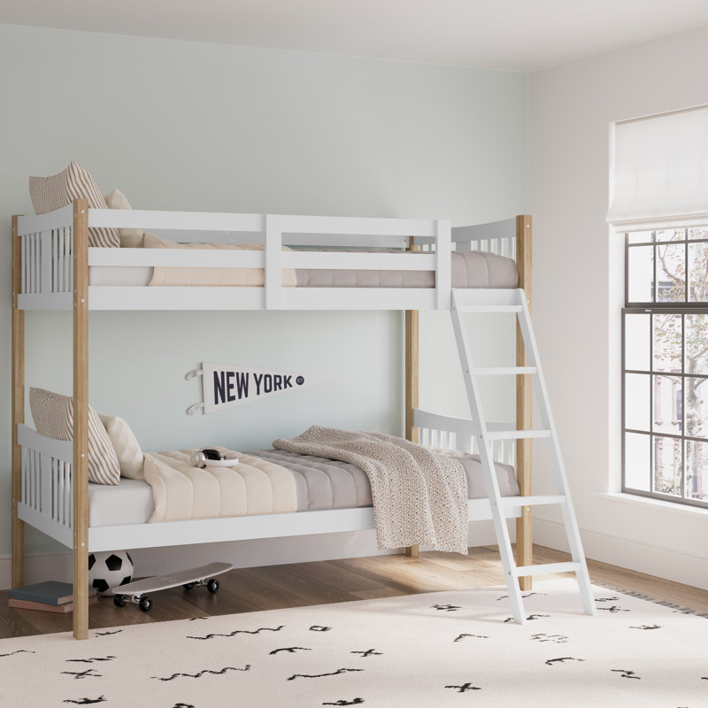 White and Natural Twin Bunk Bed with Wood Frame and Drawer