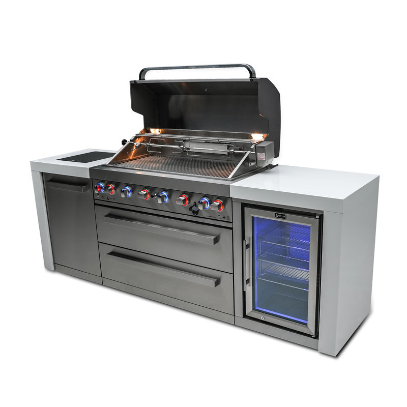 Îlot de cuisine de luxe en acier inoxydable de luxe Mont Alpi l 94 po x P 23 po x H 46 po avec réfrigérateur et barbecue à 6 brûleurs de 44 po + brûleur latéral + comptoirs en granite + armoires et tiroirs de rangement + couvercle + convertible au gaz naturel + Garantie à vie