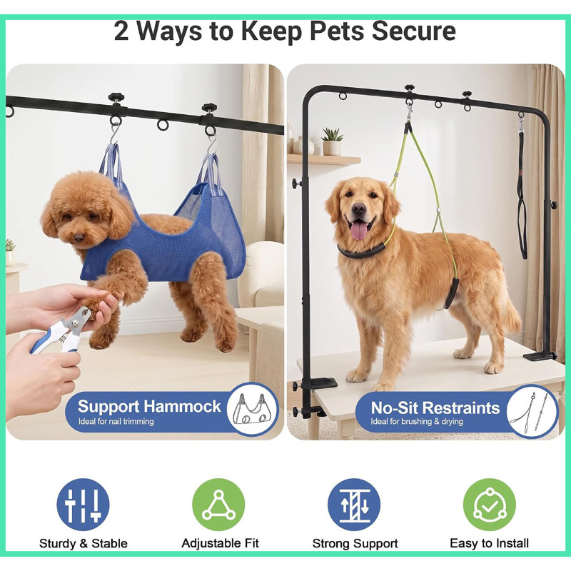 Accoudoir de table de toilettage pour chien, structure en H avec pinces doubles et largeur de hamac réglable