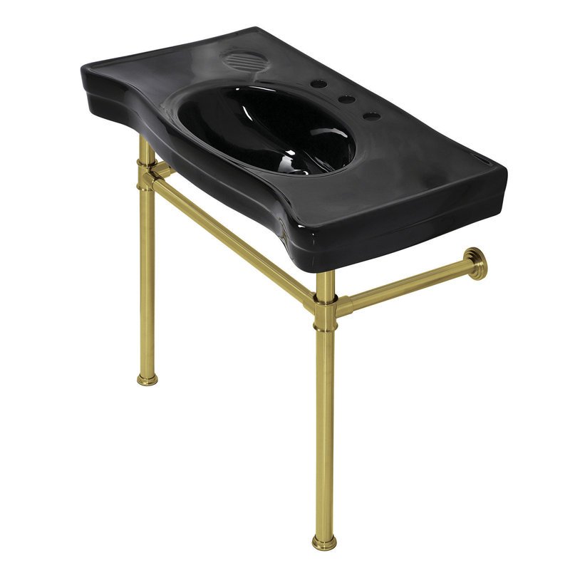 Kingston Brass Imperial 36-Inch Ceramic Console Sink Basin with Stainless Steel Legs (8-Inch, 3-Hole), Satin Brass