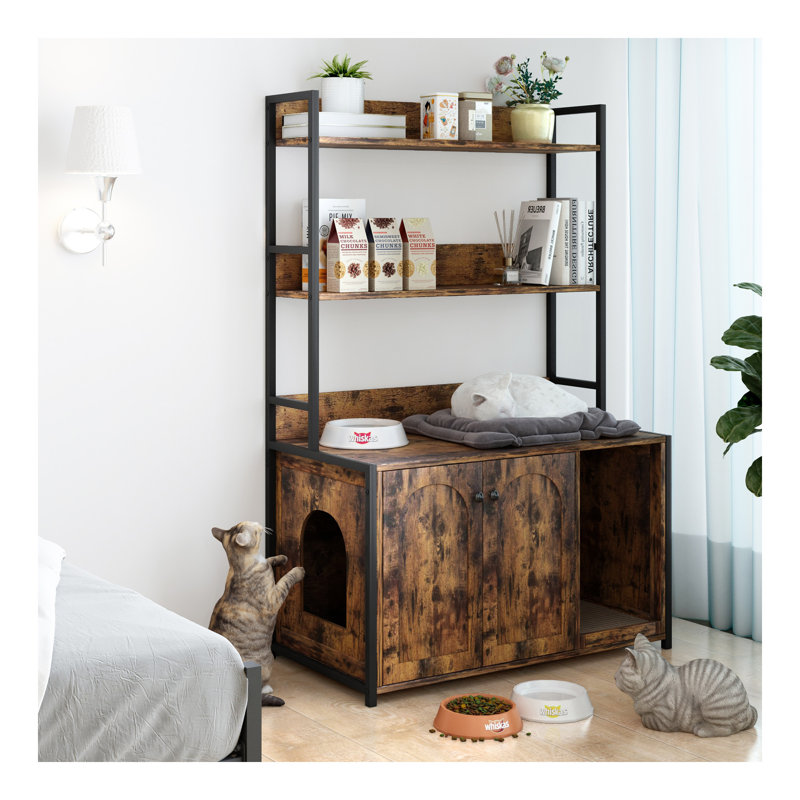 Grand bac à litière pour chat avec rangement, étagère pour chat caché, maison pour chat en bois avec bloc-notes, armoire pour chat robuste avec 2 portes