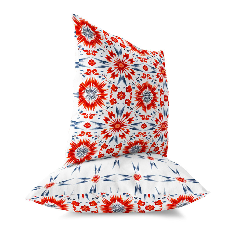 Coussin décoratif intérieur / extérieur Batik Bliss, Rouge / gris floral / géométrique, H 18 po x l 18 po