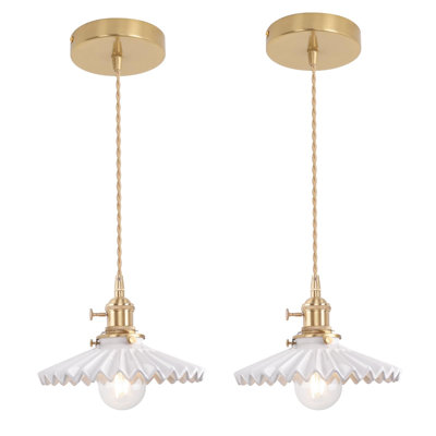 Pendant Light with Pleated Ceramic Lmapshade, Vintage Pendant Light Adjustable Hanging Light, 2 Pack, (White)