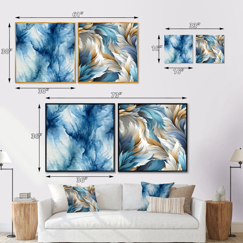 Encre de marbre bleue et blanche Shibori II - ensemble de 2 collages carrés abstraits, H 36 po x l 73 po, Cadre flottant noir