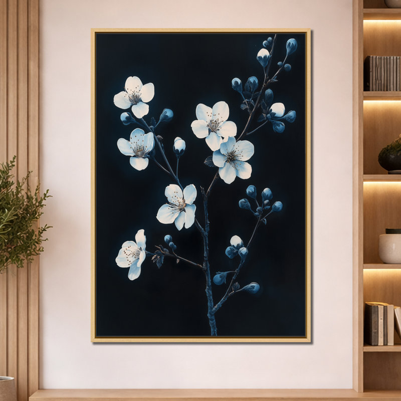 Indigo Night Bloom I - Décoration murale encadrée Fleurs de cerisier sur toile, H 60 po x l 40 po, Natural Floater Framed