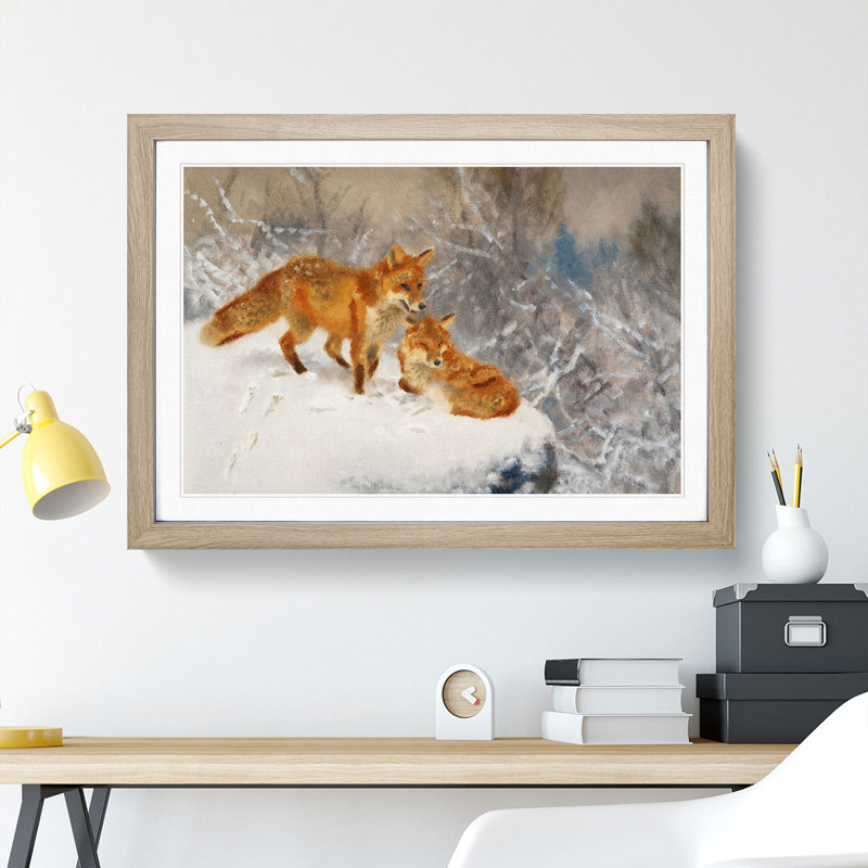 Two Foxes by Bruno Liljefors - Picture Frame Painting, Oak Framed, 27cm H x 36cm W x 2cm D