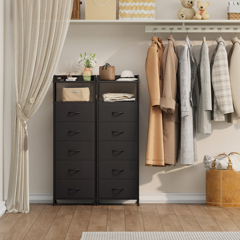  Table de chevet haute noire, 5 tiroirs verticaux en tissu pour chambre à coucher, salon, couloir, Noir