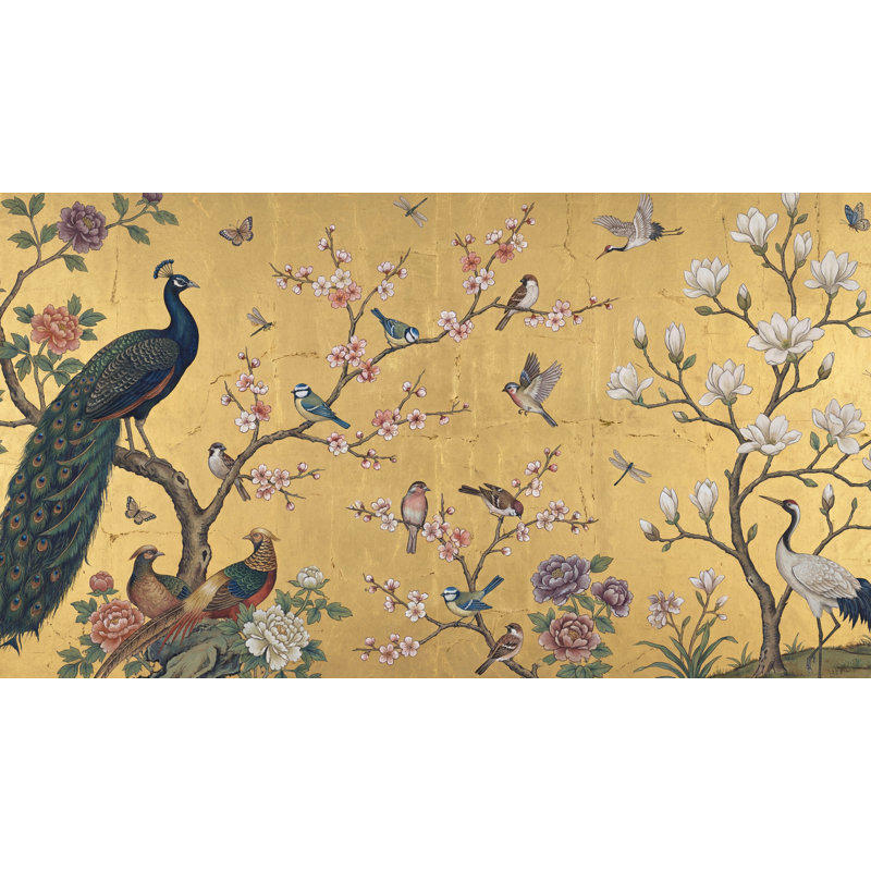 Papier peint paon, oiseaux floraux, Non tissé, 200 po x 120 po