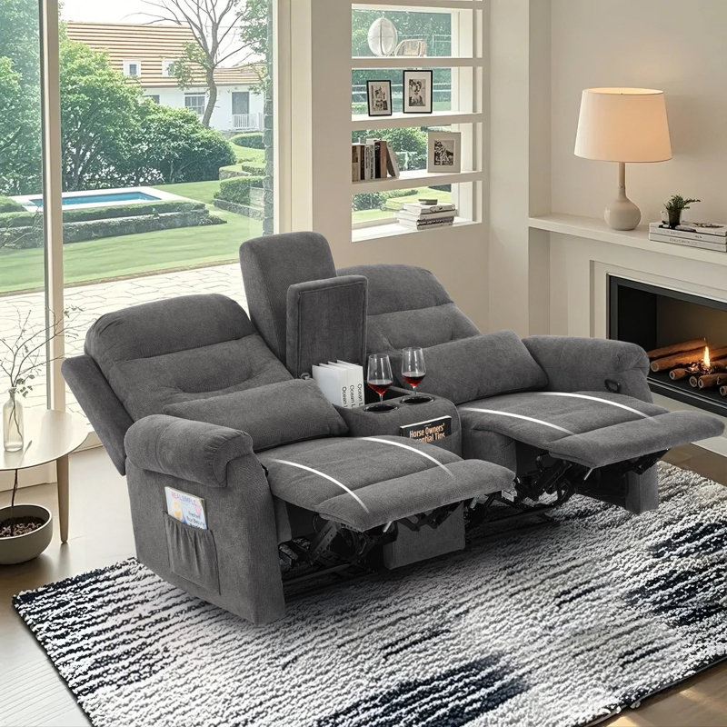 65.7" Modern Manual Reclining Loveseat With Storage Console And Cup Holders, Gray Chenille