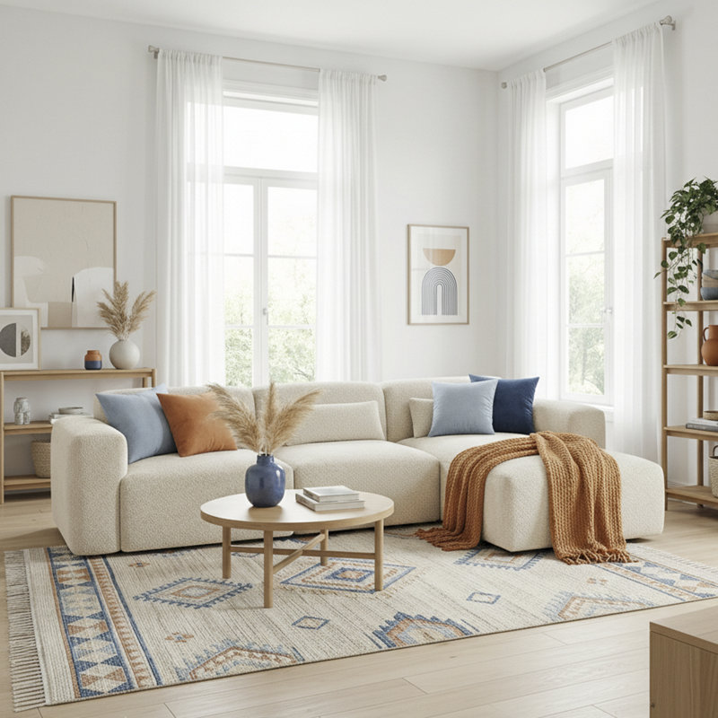 Lima Plush Boucle Sectional Sofa With Wide Armrests & Extra Pillows