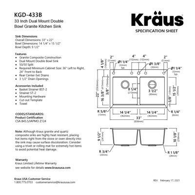 Évier de cuisine à double cuve encastrable 50/50 en granite KRAUS Quarza