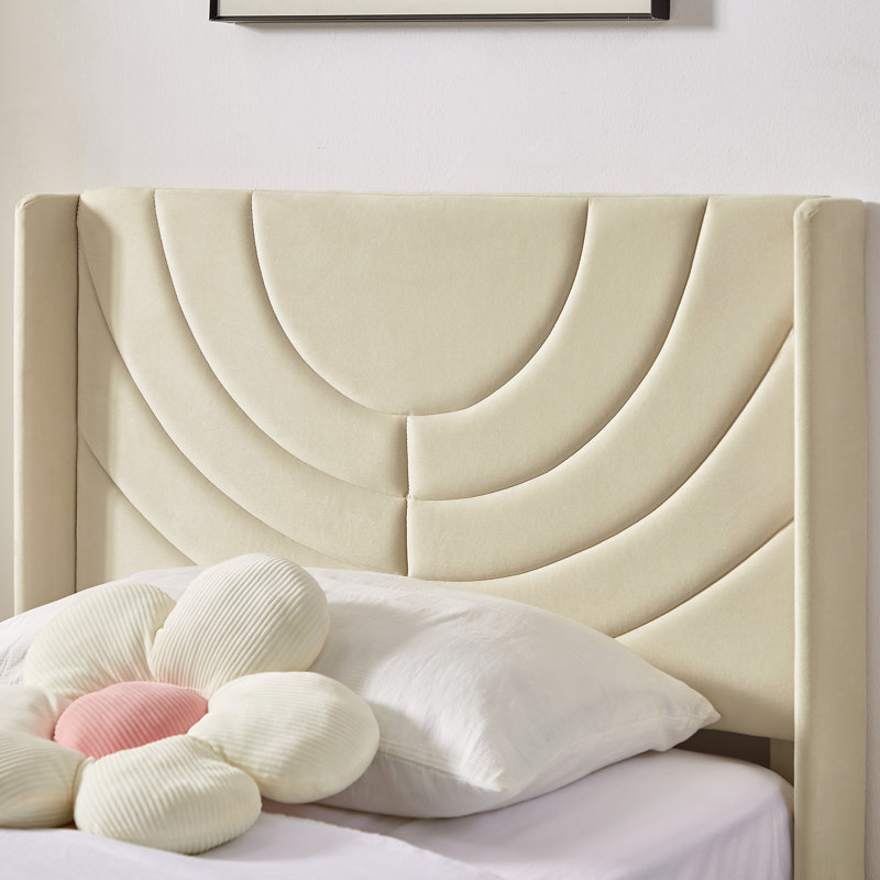 Twin Bed Frame Upholstered Platform with Headboard and Strong Wooden Slats, Beige
