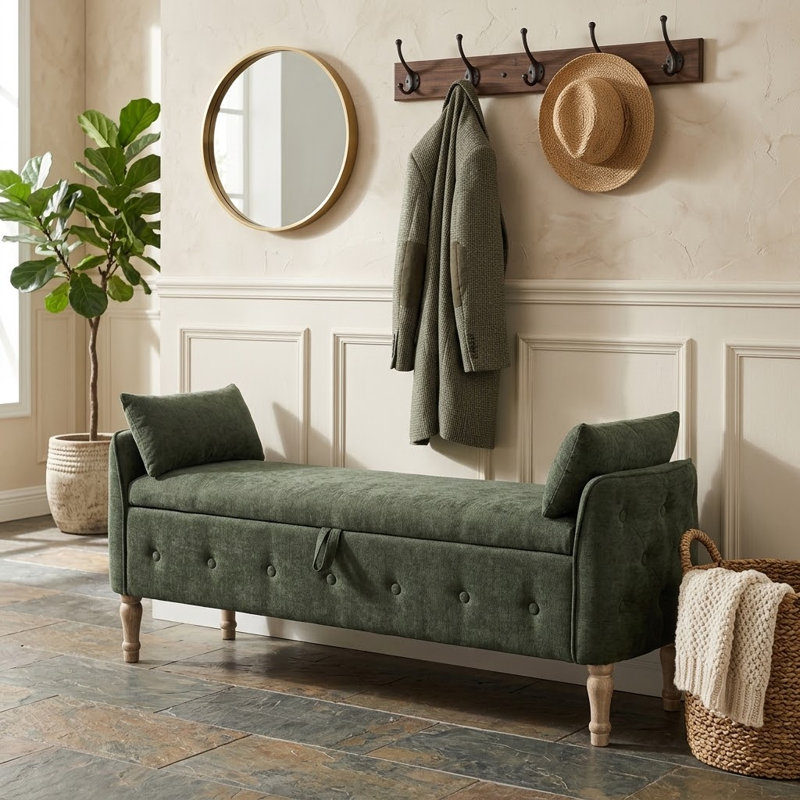 67" Linen Bedroom Storage Bench for End of Bed King Size with Tufted Armrest, 2 Zipper Pocket with Vintage Wooden Feet, 67" W