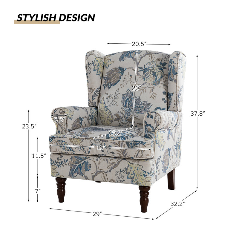 Fauteuil à oreilles 29 po Anayat, Mélange de polyester multicolore floral bleu
