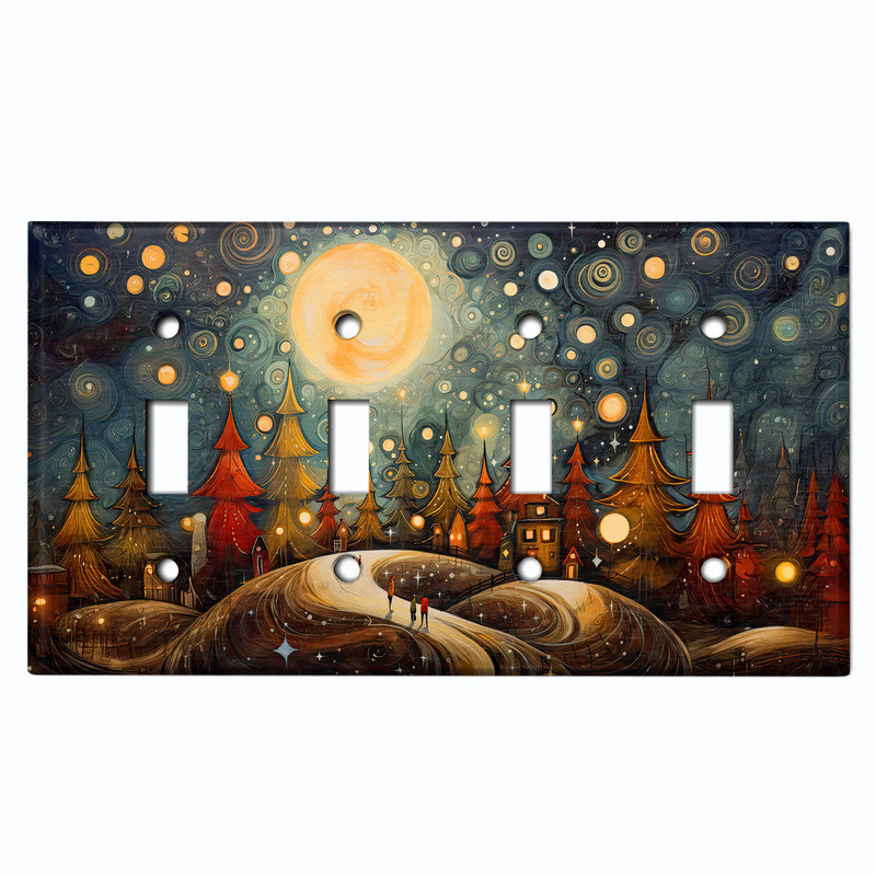 Couvercle de plaque d'interrupteur en métal; Bascule à 4 bandes US Standard - Whimsical Forest Village, #4 Quad Toggle