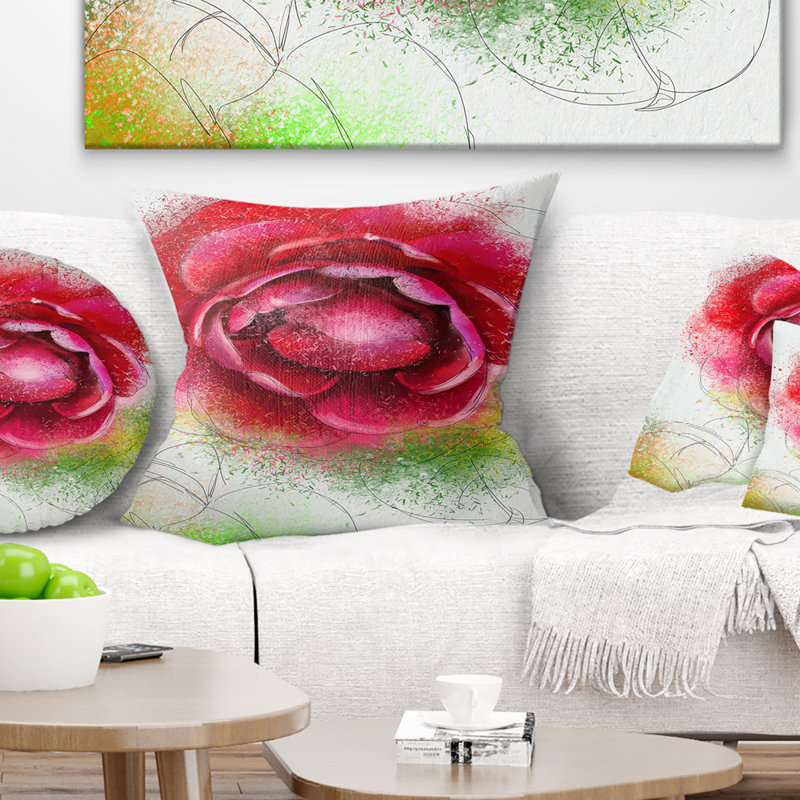 Coussin décoratif à grandes fleurs rouges sur fond blanc, 18 po x 18 po, Carré