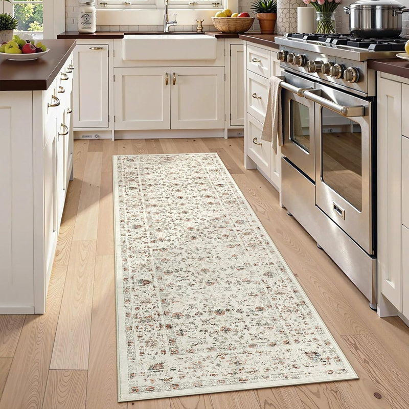 2x6 Floral Kitchen Rug – Washable, Non-Slip, Low Pile, Distressed Print Runner for Hallway, Bathroom, Laundry (Beige)