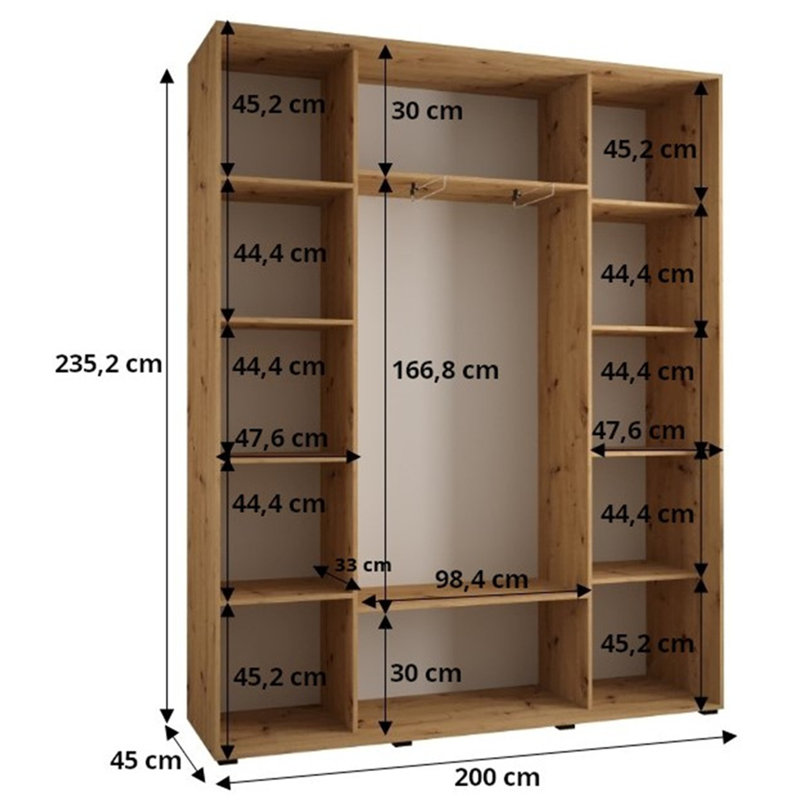 3 Door Manufactured Wood Wardrobe, 235.2cm H x 200cm W x 45cm D, White/Black