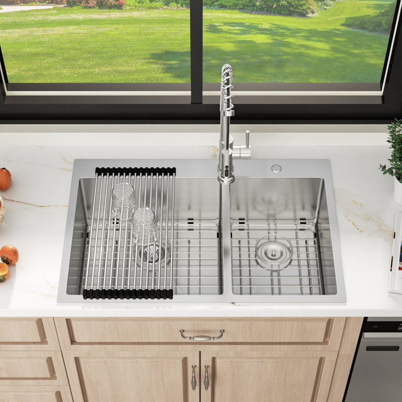 33" L x 22" W Double Bowl Stainless Steel Drop-In Kitchen Sink, 60/40, Silver