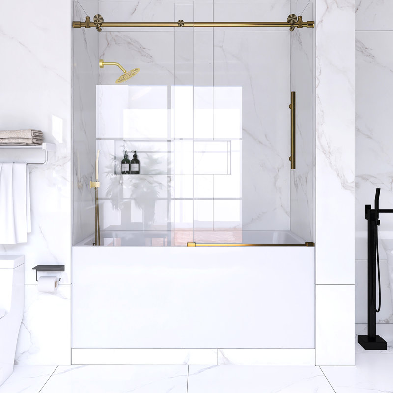 60-Inch Gold Frameless Sliding Shower Door with Clear Glass